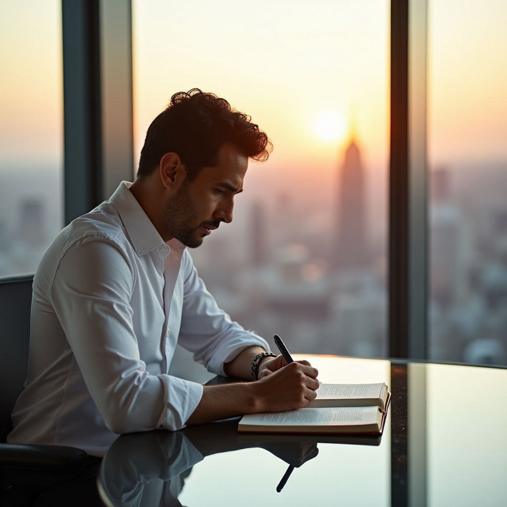 Directivo practicando journaling en su espacio de trabajo